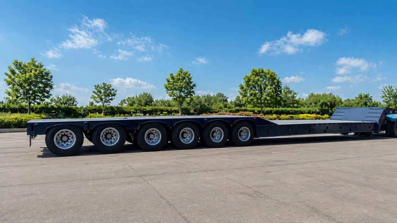 Side profile of a 6-axle 150-ton low-bed trailer with gooseneck lowered