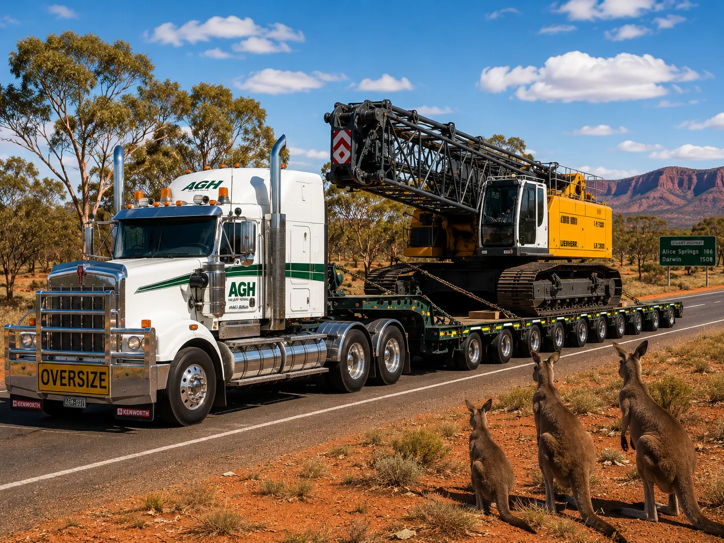 AGH Heavy Haulage Kenworth road train hauling a Liebherr crawler crane along the Stuart Highway in the Australian outback