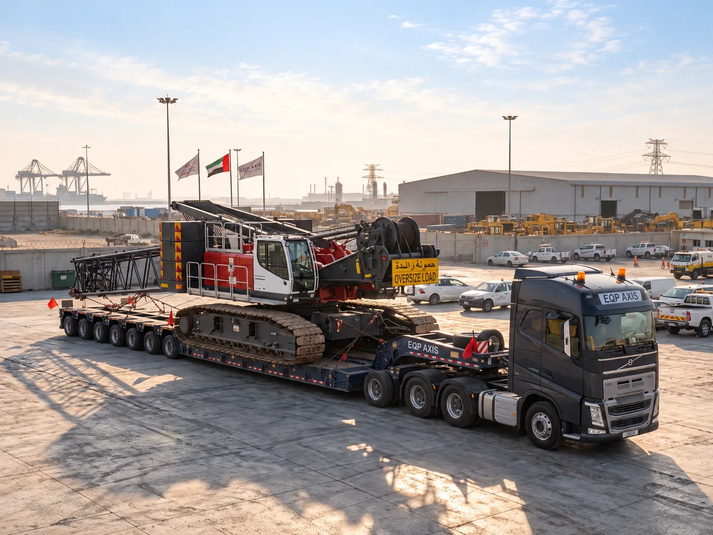 EQPAXIS prime mover hauling a crawler crane on a multi-axle low-bed trailer